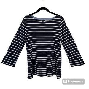 Nautica Womens M Navy Blue White Striped 3/4 Sleeve Cotton Classic Nautical Top